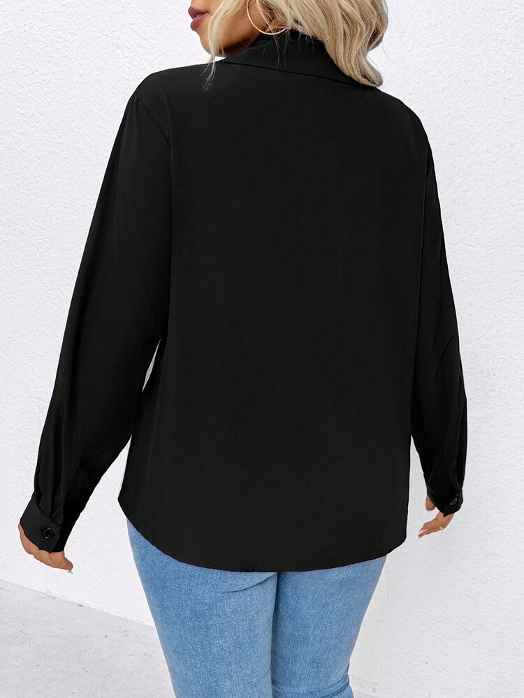 SHEIN LUNE Kemeja Kasual Wanita Ukuran Besar Warna Kontras Hitam & Putih, Pakaian Musim Gugur untuk Wanita - Hitam dan Putih - View 2