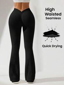 Easithlete Solid Color V-Waist Flared Leg Tight Fit Sports Pants, Suitable For Yoga & Outdoor Activities