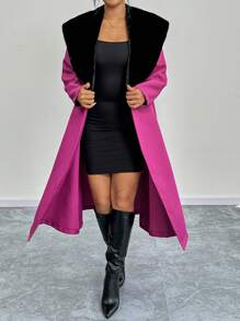 SHEIN Unity Women Plus Size Colorblock Fluffy Collar Double-Breasted Long Overcoat, Autumn/Winter Fall Cloth For Women - Purple - View 3