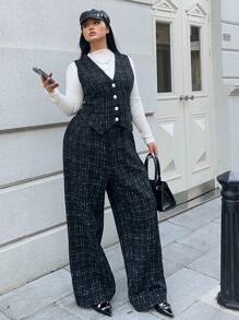 Calvaya 大码时尚背心和休闲裤套装，秋季 - 黑色 - 查看 4