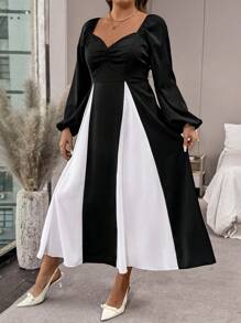 SHEIN Clasi Đầm dài thanh lịch cổ tim tay loe màu cỡ lớn cho nữ - Đen và trắng - Xem 2