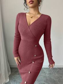 Váy len dài tay thanh lịch cổ chữ V ôm sát eo dành cho nữ, mùa thu - Gỗ đỏ - Xem 5