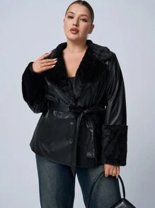 SHEIN EZwear Áo khoác cổ lông PU màu trơn cỡ lớn thường ngày, mùa thu/đông - màu đen - Xem 3