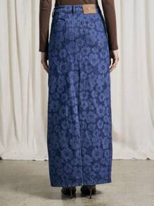 AiiRZ 复古花卉印花高腰超长牛仔裙直筒廓形长款冬秋春休闲直筒A字复古风格压花激光设计时尚