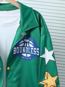 SHEIN Explorewe Teenage Boys Star Pattern Fuzzy Vintage Long Sleeve Cardigan Jacket - Army Green - View 4