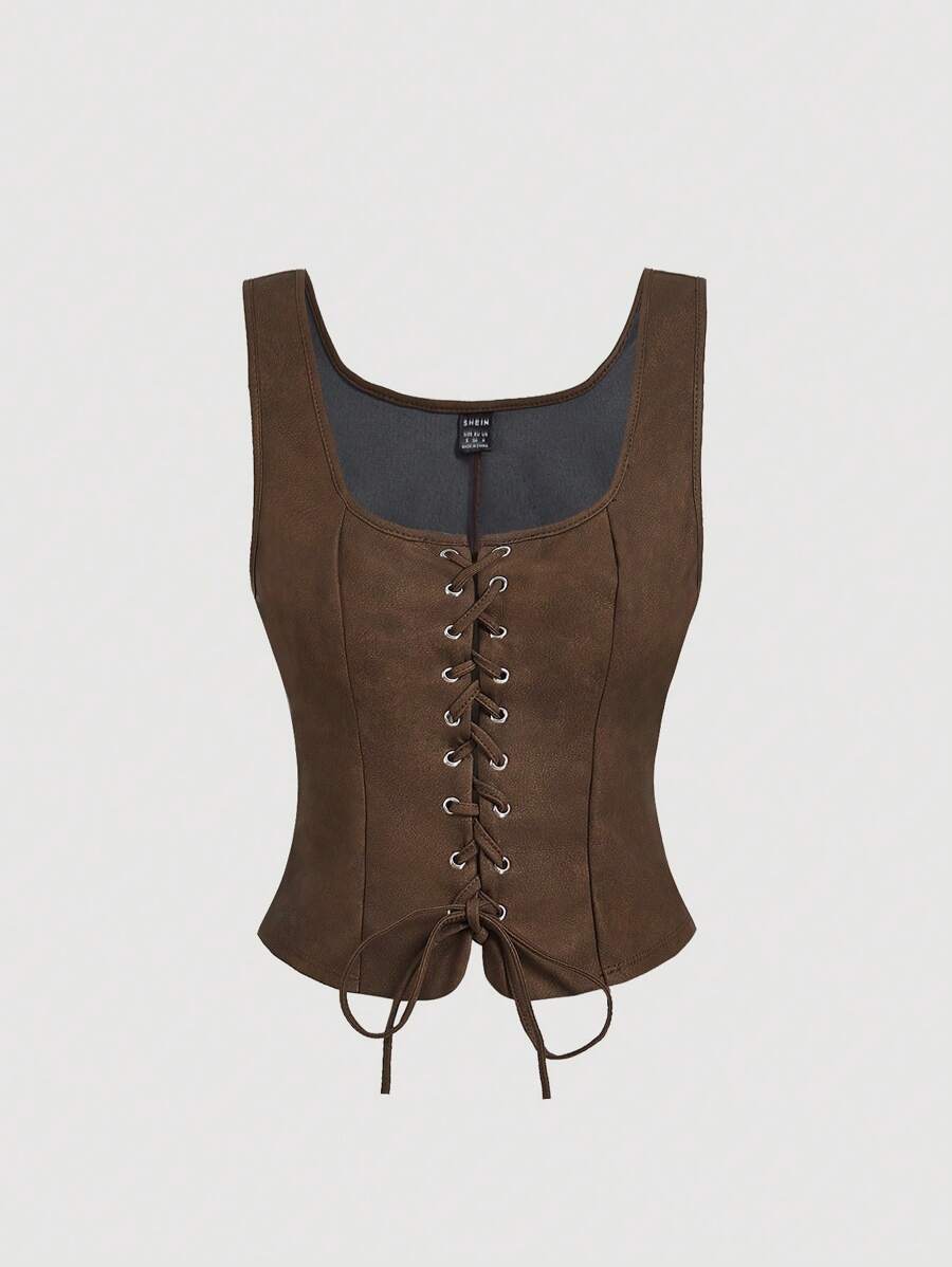 SHEIN MOD Women's Vintage Eyelet Lace-Up Camisole Top, Summer