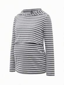 SHEIN Maternity 2pcs Women Fitted Striped Hooded Long Sleeve Tops, Nursing