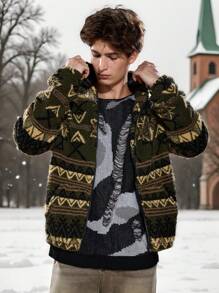 Manfinity VCAY Men Retro Knitted Casual Pattern Loose Fit Hooded Long Sleeve Jacket, For Fall Winter - Army Green - View 6