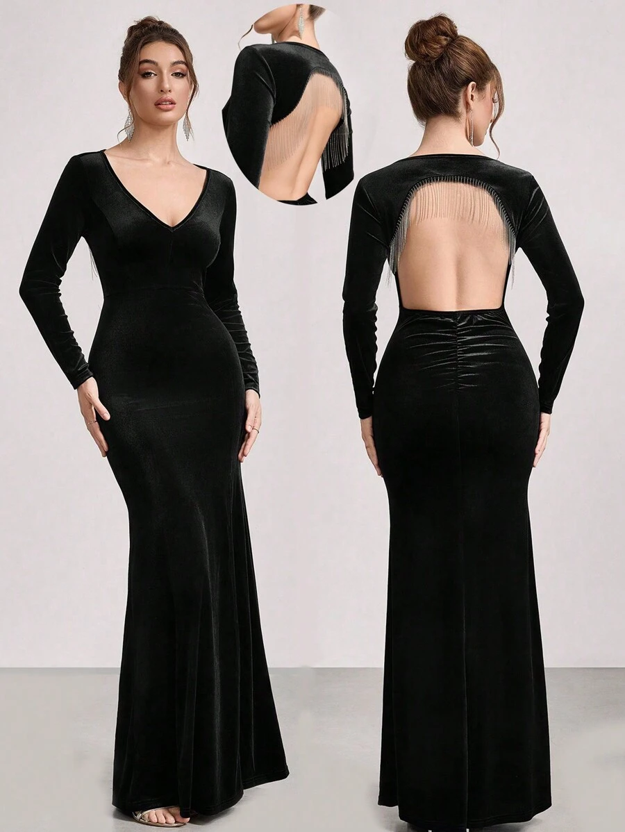 SHEIN Belle Women's Elegant Backless Velvet Maxi Dress,Long Sleeve V-Neck Slim Fit Bodycon Evening Gown With Chain Splicing,Formal Party Dinner Prom Dress,Black - Black - View 1