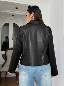 SHEIN EZwear 大码女式黑色休闲拉链长袖夹克，适合冬季 - 黑色 - 查看 2