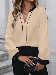 SHEIN Clasi Áo cánh đơn giản cổ chữ V màu trơn cho nữ dài tay - Màu Khaki - Xem 5