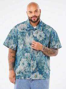 Manfinity VCAY Áo sơ mi nam tay ngắn họa tiết hoa màu xanh dệt khối màu rộng rãi, thường ngày, dành cho đi chơi - Màu xanh lam - Xem 3