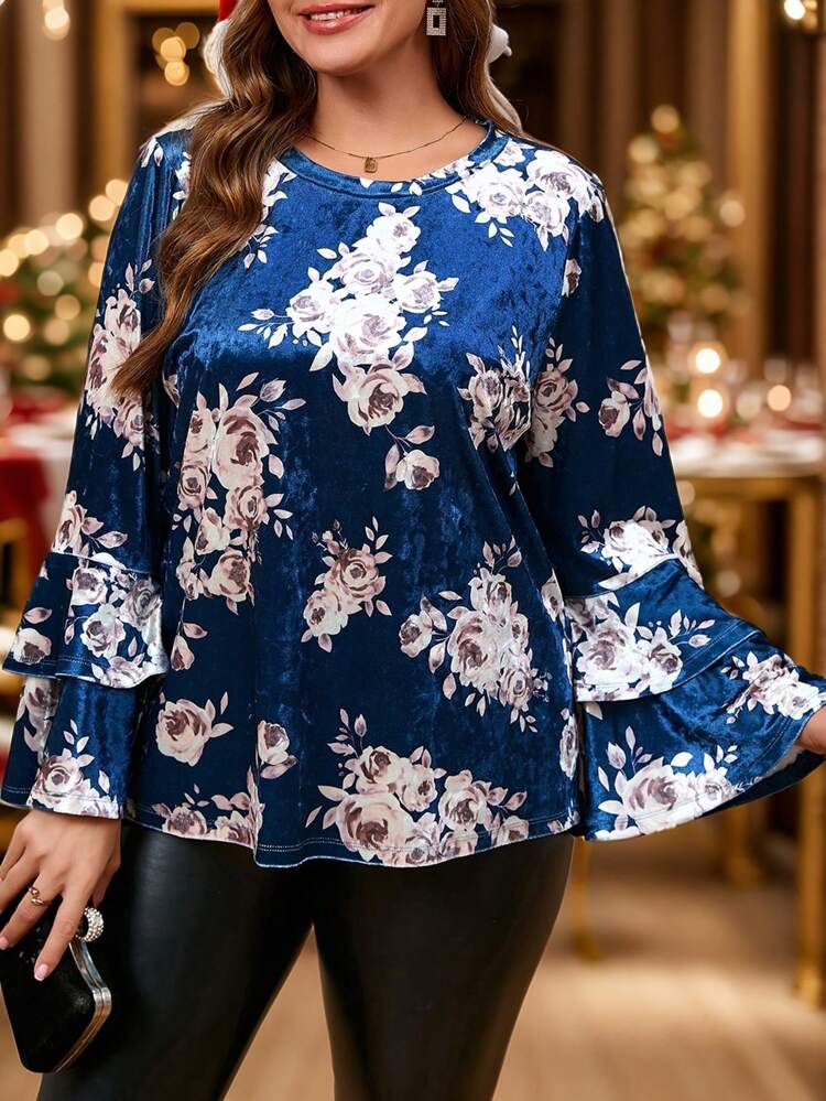 Plus Size Winter Clothes For Women Christmas Women Clothes Women Elegant Floral Print Flare Sleeve Blouse