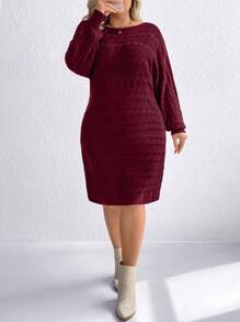SHEIN LUNE Plus Size Twist Floral Patterned Wine Red Batwing Sleeve Sweater Dress, Casual Autumn/Winter - Burgundy - View 4