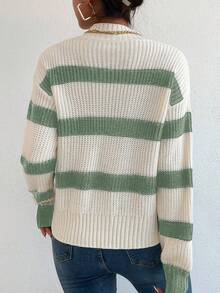 Chiquease 女士条纹高领落肩长袖休闲针织衫，秋冬针织套头衫 - 彩色 - 查看 2