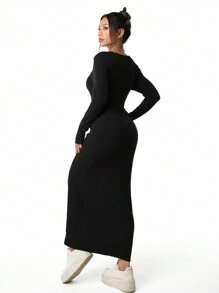 Elegant Casual Black High Slit Long Dress, Pleated Velvet Fabric, Suitable For Family Gathering, Autumn/Winter, Teenage Girls