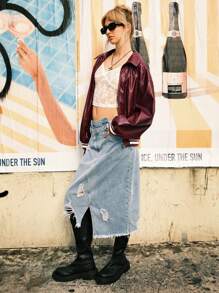 SHEIN EZwear Drop Shoulder Long Sleeve Zip Up Red PU Leather Jacket - Burgundy - View 2