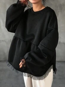 FRIFUL Sudadera holgada de manga larga con cuello redondo y hombros caídos, con paneles de malla y bajo con volantes, para otoño/invierno - Negro - Ver 2