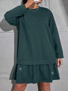 RueChic Plus Size Solid Color Round Neck Long Sleeve Minimalist Short Casual Dress - Army Green - View 1