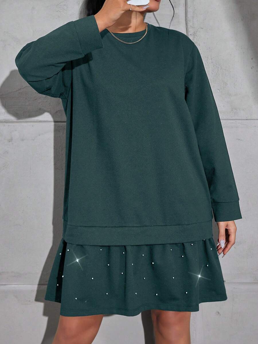 RueChic Plus Size Solid Color Round Neck Long Sleeve Minimalist Short Casual Dress - Army Green - View 1