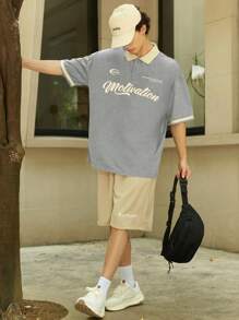 Aesthetic Post Áo thun polo cổ tròn in họa tiết chữ cho nam dáng rộng, mùa hè - Màu Xám nhạt - Xem 5