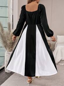 SHEIN Clasi Đầm dài thanh lịch cổ tim tay loe màu cỡ lớn cho nữ - Đen và trắng - Xem 4