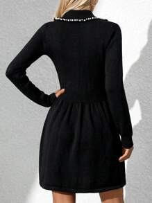 SHEIN Clasi 1 pieza Vestido de suéter de manga larga elegante con dobladillo de burbuja envuelto en cruz de un solo color - Negro - Ver 2