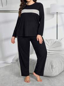 SHEIN 2-teiliges Set in Große Größen, personalisierter Farbspleiß, gebürsteter Fleece Trainingsanzug, Herbst-Winter Kleidung, gemütlicher Outfit, flauschiger Schlafanzug - Schwarz - Übersicht 5