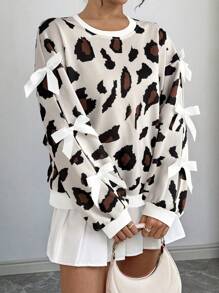 Chiquease 女士豹纹蝴蝶结装饰圆领长袖运动衫 - 彩色 - 查看 1
