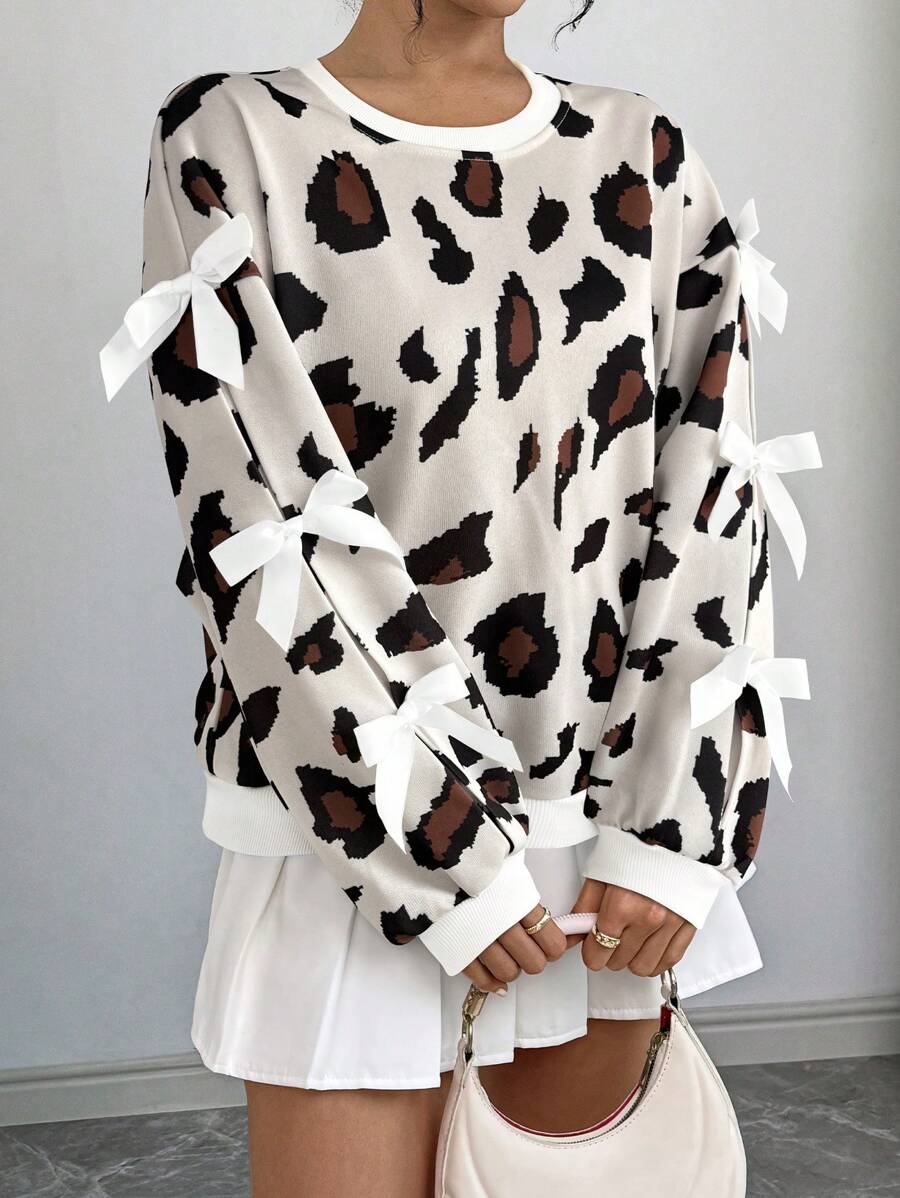 Chiquease 女士豹纹蝴蝶结装饰圆领长袖运动衫 - 彩色 - 查看 1