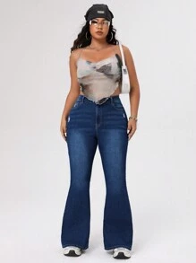 SHEIN ICON Quần jeans ống loe dáng rộng có túi dành cho nữ cỡ lớn, lót giữ nhiệt, thích hợp cho Lễ Tạ ơn và Giáng sinh. - Màu xanh lam - Xem 4
