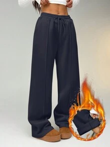 SHEIN EZwear Pebble Seam Detail Straight Leg Sweatpants - Navy Blue - View 1