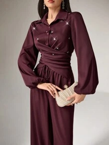 Modelyn 2pcs Women's Solid Color Front Button Crystal Decor Pleated Crossover Wrap Long Sleeve Top And Pants Elegant Set 2 Pieces Set