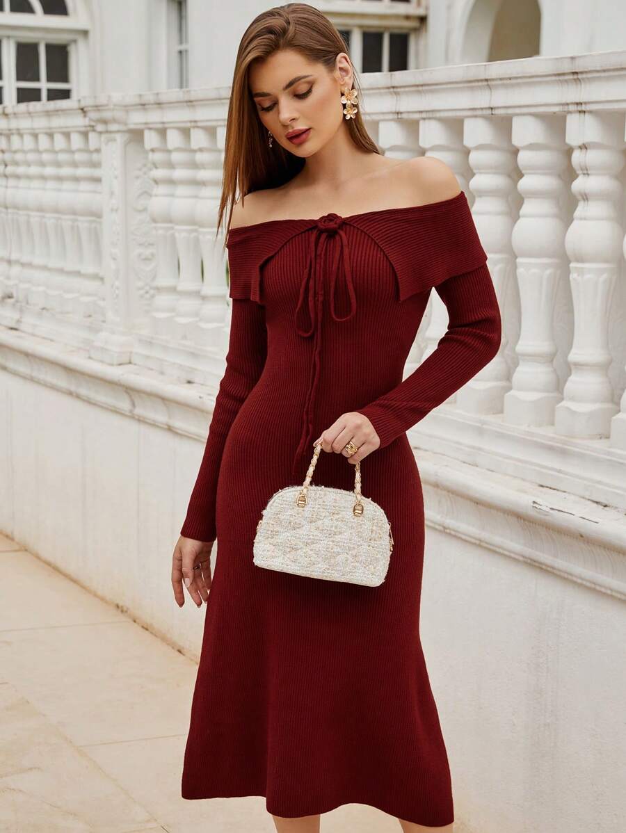 Aveloria Women 3D Floral Off Shoulder Ribbed Midi Sweater Dress, Fall Autumn/Winter - Red - View 1