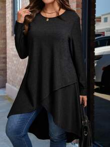 大码纯色长款不对称下摆圆领长袖 T 恤 - 黑色 - 查看 5