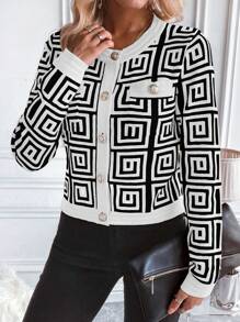 SHEIN LUNE 1 件女式几何图案长袖休闲开衫，秋冬 - 彩色 - 查看 3