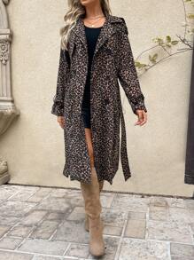 SHEIN LUNE Women Street Fashion Vintage 90s Long Leopard Print Windbreaker Coat, Casual Style, Autumn - Brown - View 4