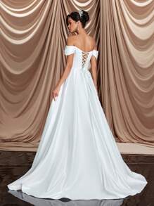 Glamrae 优雅奢华米色露肩领奢华仿珍珠装饰，系带褶饰鱼尾可拆卸荷叶边连衣裙，适合婚礼和新娘礼服，新娘 - 米色 - 查看 3