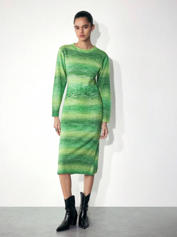 SHEIN Maija Women's Autumn/Winter Green Round Neck Color Block Casual Versatile Long Sleeve Fitted Sweater Dress