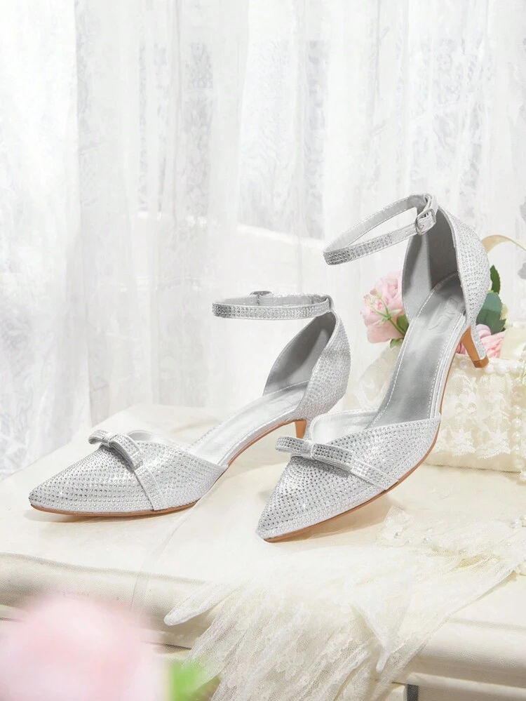 CUCCOO HITCHD Women's Pointed Toe Rhinestone Bow Decor Mid-Heel Pumps, Elegant Glamorous Silver Glitter Hollow-Out High Heels, Suitable For Wedding, Party, Bride And Bridesmaid