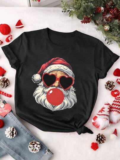 SHEIN LUNE Christmas Santa Claus Cartoon Abstract Round Neck Short Sleeve Women T-Shirt Graphic Tees Women Tops