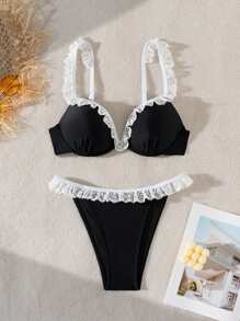 SHEIN Swim 2pcs Women Ruffled Shelf Bra Bikini Swimwear, Ruched Beach Bathing Suit For Summer - Black - View 1