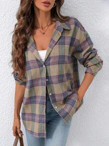 INAWLY 女士休闲格子长袖衬衫，秋季 - 紫色 - 查看 6