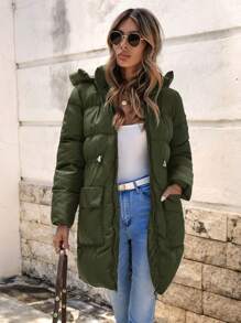 EURMUSE Women Solid Color Hooded Long Sleeve Padded Coat With Pockets For Winter - Hijau Tentara - View 4