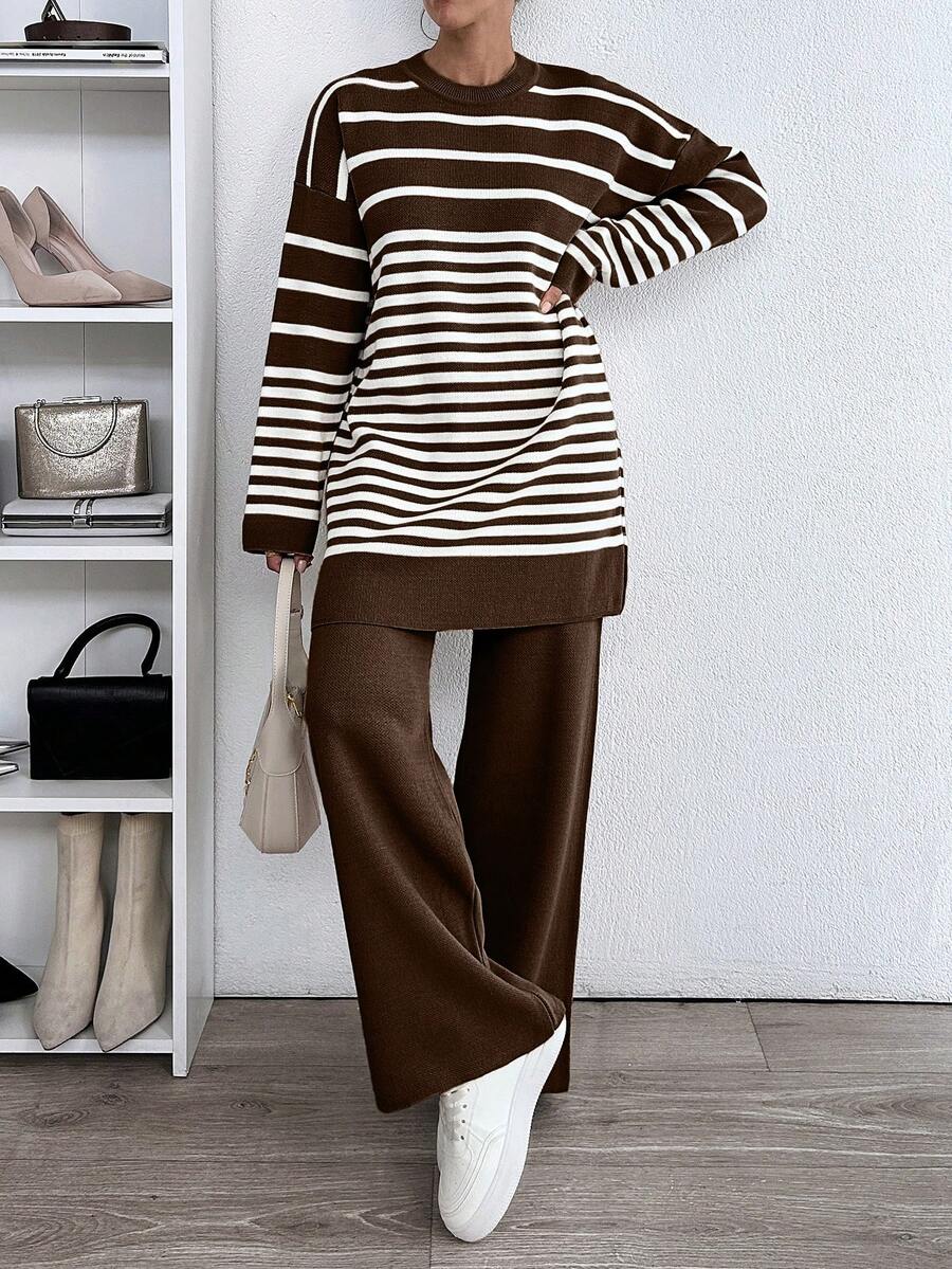 EURMUSE Woman Striped Crew Neck Casual Comfy Warm Sweater Pants Co-Ords - Brown - View 1