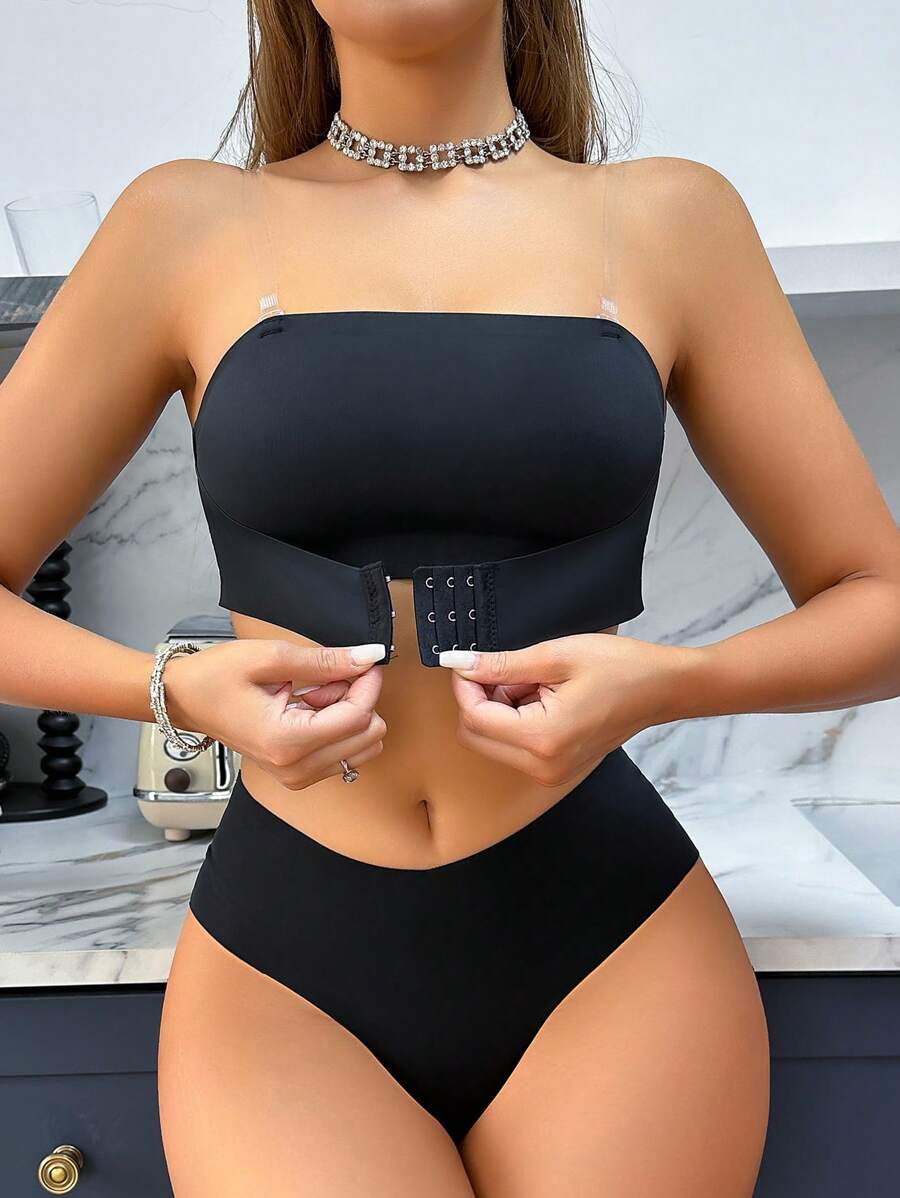 Casual Series Transparent Strap Seamless Bra And Briefs 2pcs Set - Black - View 1