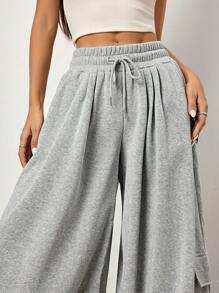 SHEIN Unity Women's Grey Low Waist Baggy Sweatpants. With Drawstring Tie Waist Side Pockets Pleated Design Side Pocket. Super Baggy And Oversized. Everyday Essentials. - Grey - View 5