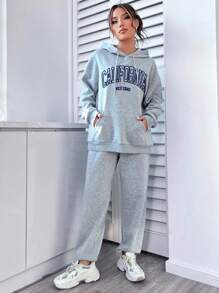 Flirla 2 件套女士字母印花连帽长袖上衣和裤子，休闲装 - 灰色 - 查看 6