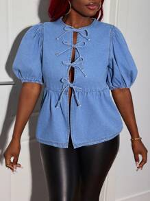 SHEIN SXY Women's Sexy Denim Blouse With Tie-Up Puff Sleeves, Blue,