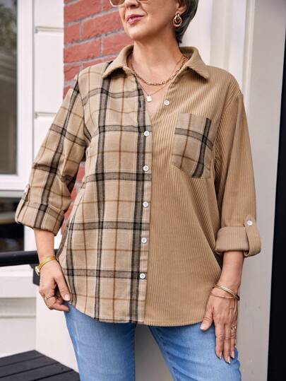 EMERY ROSE Plus Size Winter Shirts Plaid Patchwork Roll-Up Sleeve Shirt, Casual,Winter Clothes For Women